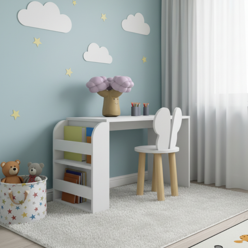 Mesa Infantil 80cm Com Suporte Para Livros e 1 Cadeira Borboleta em MDF e Madeira Natural