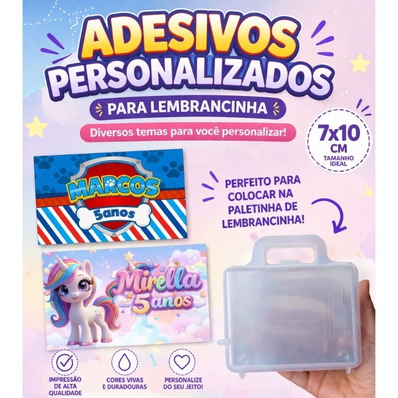 Adesivo Personalizado para Maletinha Acrílica 7x10cm Nome e Idade Lembrancinha Infantil Diversos Temas Papel Fotográfico