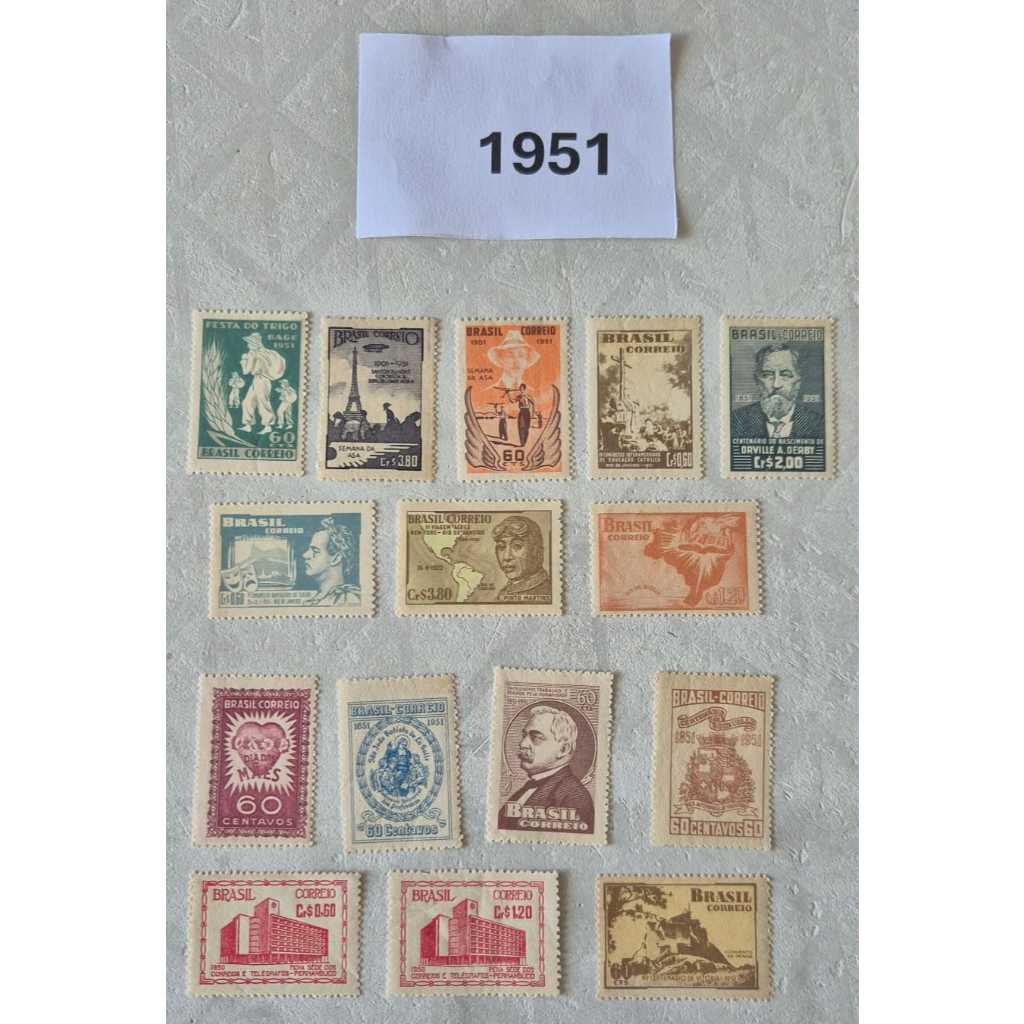 ANO COMPLETO DE SELOS DE 1951 - SELOS COMEMORATIVOS NOVOS E MINT DO BRASIL. FILATELIA.