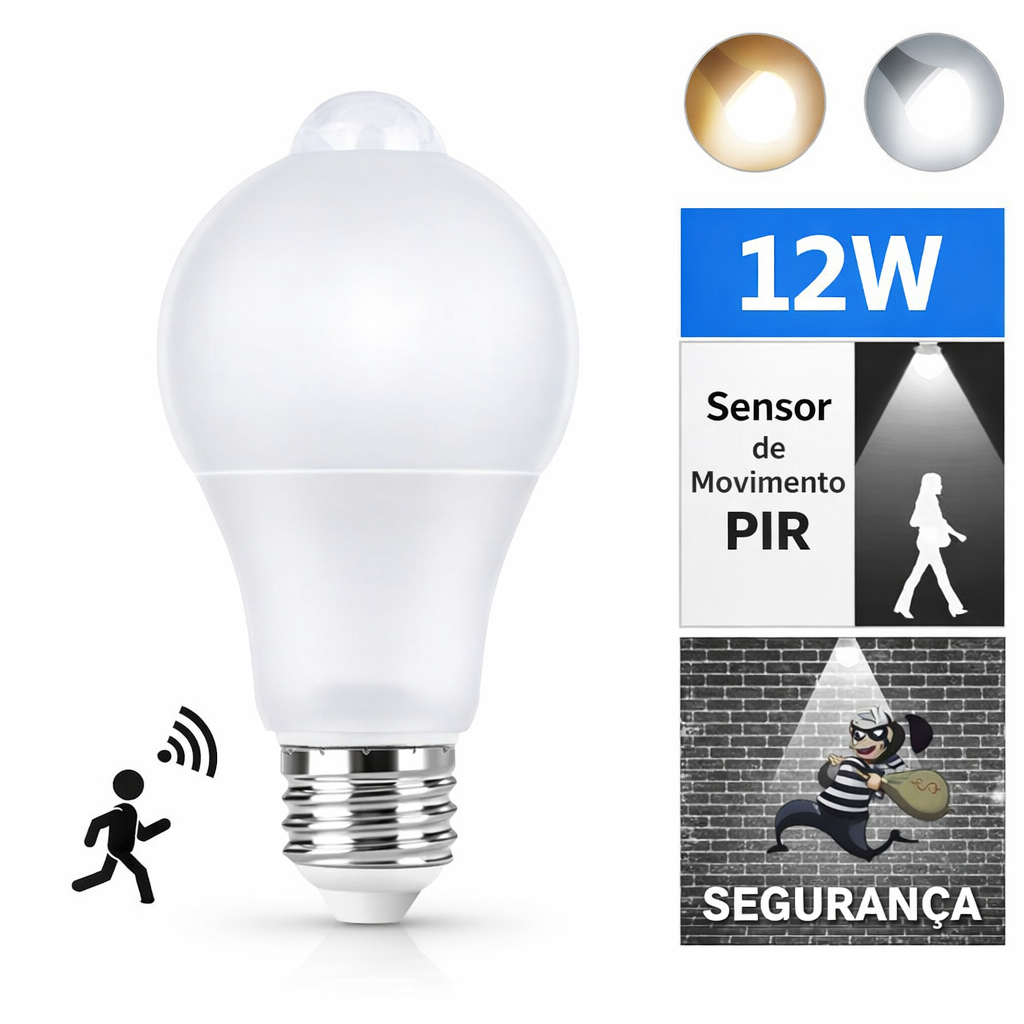 Lâmpada E27 Com  Sensor de Presença LED 12W Movimento Automática Bivolt