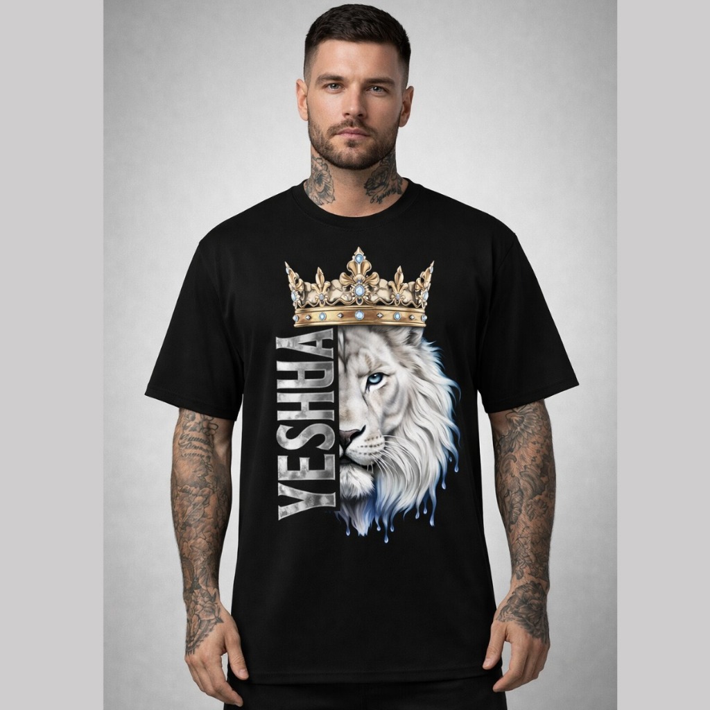 Camiseta Moda Cristã Masculina Unisex Camisa 100% Algodão Gospel Leão Yeshua