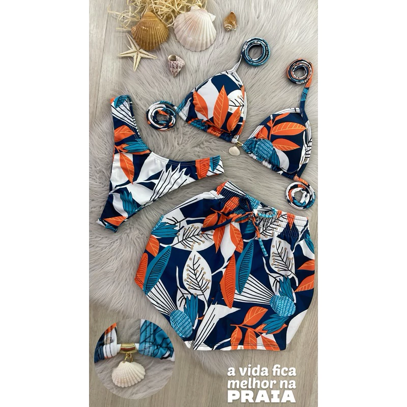 Biquíni Com Shorts saia Asadelta Levanta Bumbum Cortininha Saída de Praia Triquini Moda Praia Kit 3 peças Copa — imagem 1