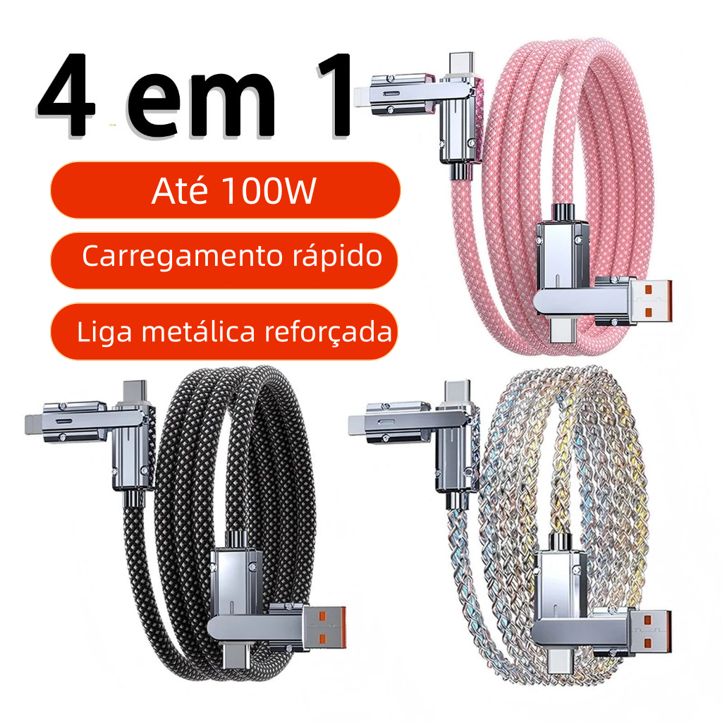 4 em 1 Cabo de Carregamento Super Rápido 100W Compatível com USB A, Tipo C e Lightning para Todos os Celulares