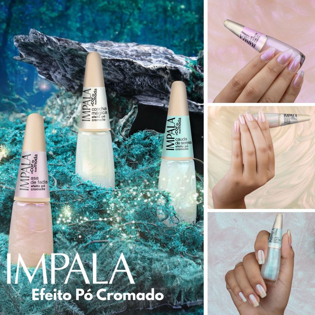 Kit 3 Esmaltes Impala Nova Coleção Efeitos Pó Cromado Moda Brilho Manicures Lançamento