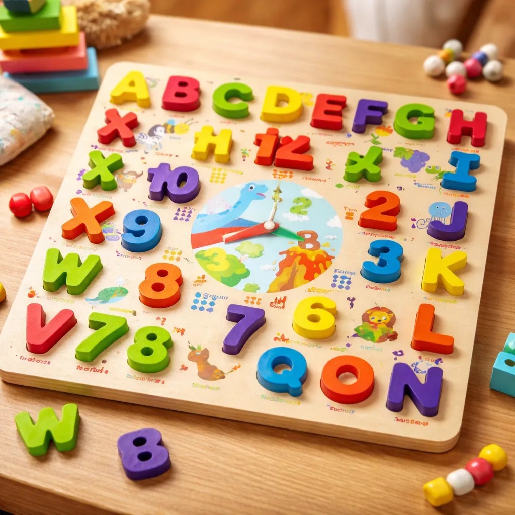 Relógio de Brinquedo Alfanumérico MDF Encaixe Letras e Números Pedagógico Montessori Aprendizado