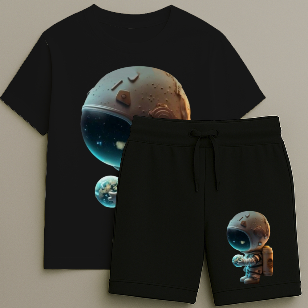 Camiseta e Bermuda Astronauta Terra Conjunto Masculino T-shirt Estampa Shorts Blusa Tamanho 2 ao 16