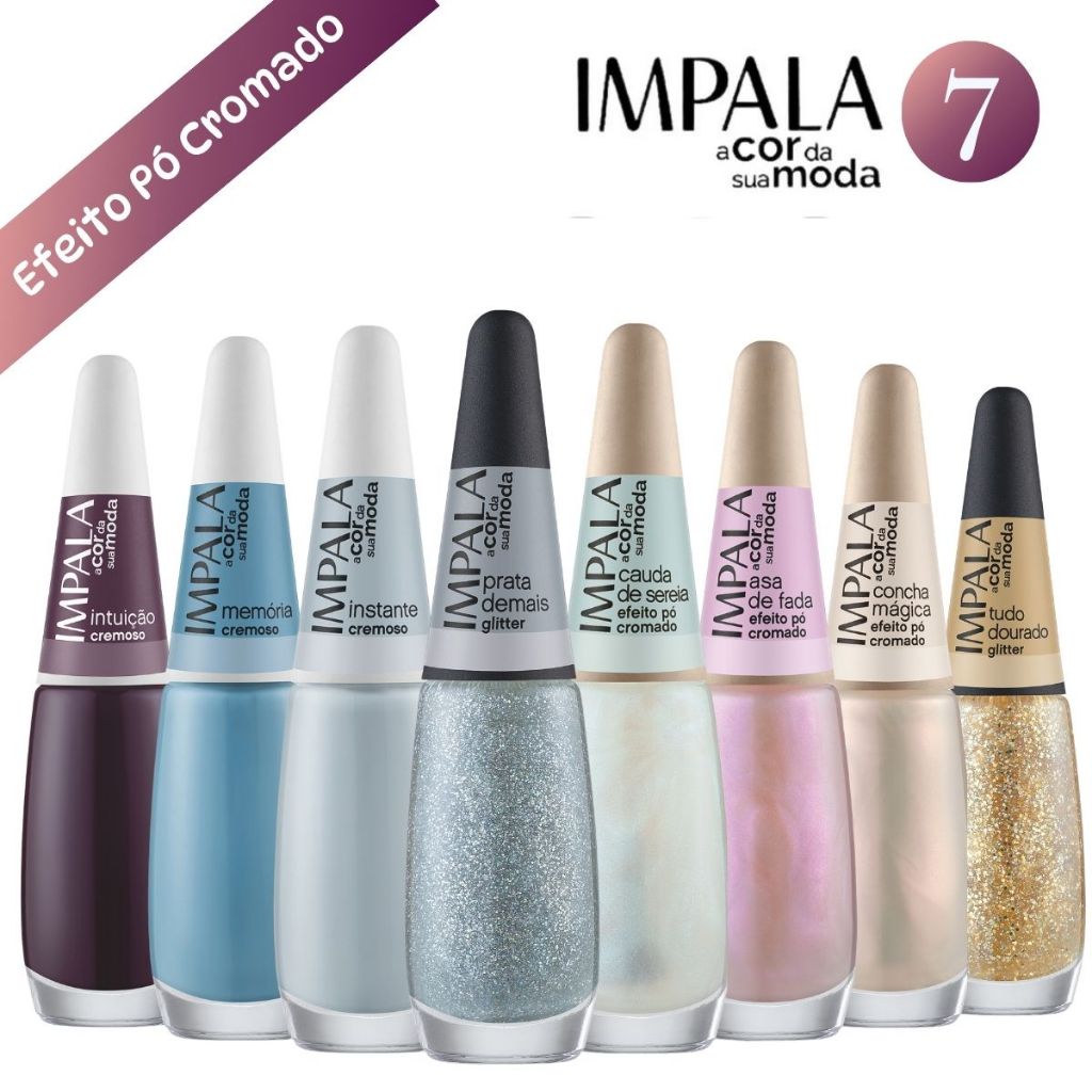 Esmaltes Impala Efeito Pó Cromado e Glitter A Cor Da Sua Moda 7 - Lançamento Manicure Pedicure Kit com 8 cores