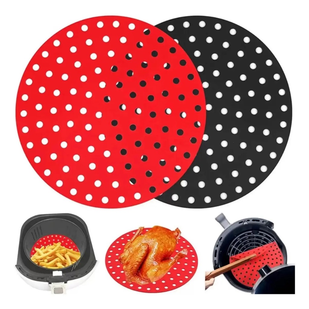 Forro Tapete em Silicone Para Air Fryer 19,5cm Fritadeira Elétrica Redondo Multiuso Universal  Preto