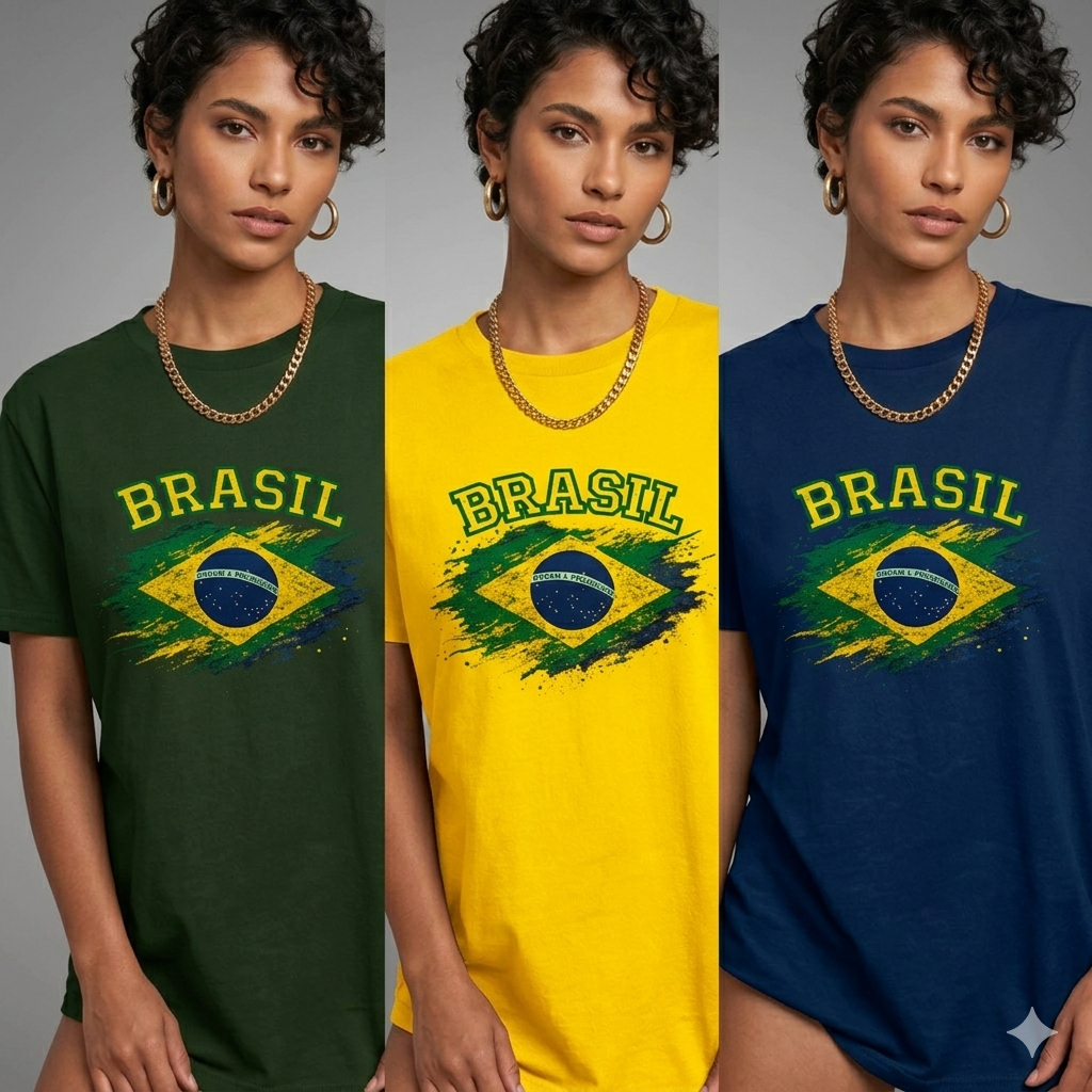 Camiseta Brasil Feminina Copa do Mundo 2026 Bandeira - 100% Algodão Várias Cores