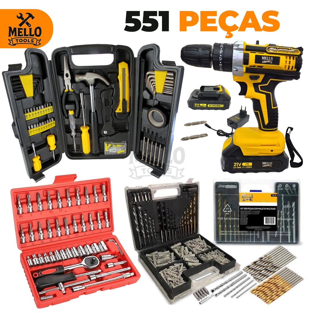 Kit Ferramentas 551 Peças + Parafusadeira 21V Sem Fio Completa + Jogo de Brocas Bits Soquetes 46 Peças Profissional