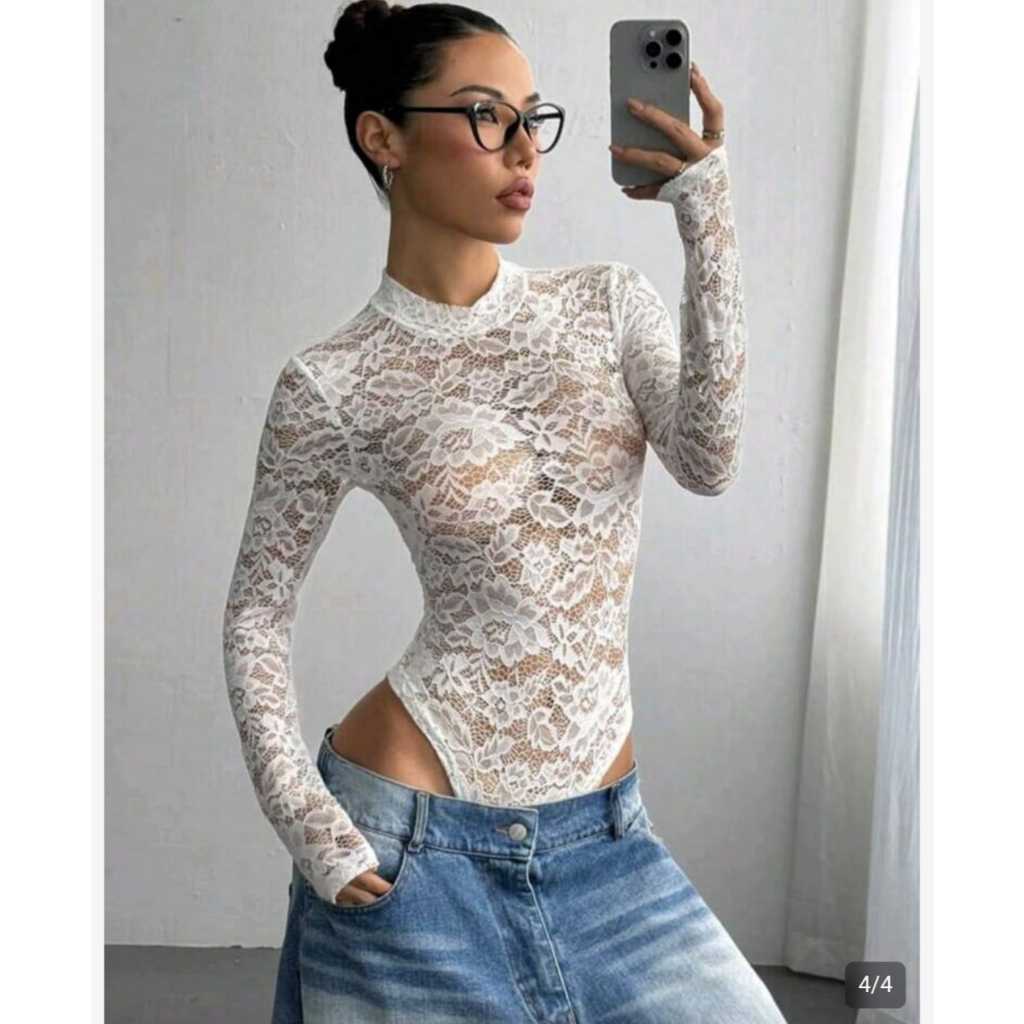 Body Feminino Manga Longa Renda moda 2026 sexy