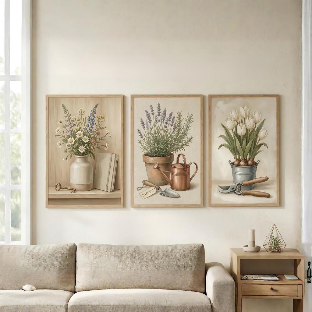 Kit 3 Quadros Decorativos Flores do Campo Lavanda Jardim Rústico Provençal MDF  Premium Vintage