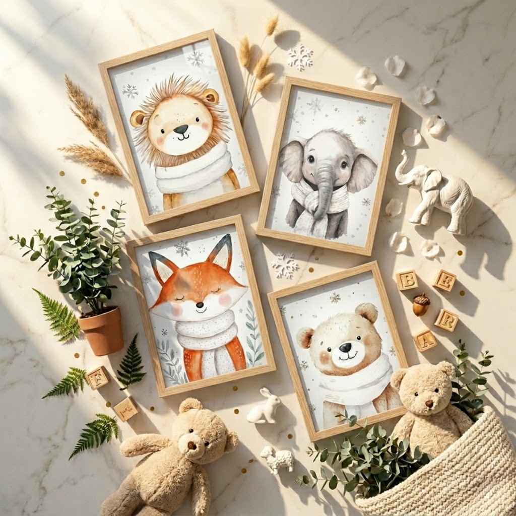Kit 4 quadros quarto de bebê, leão, urso, elefante, raposa com moldura e vidro