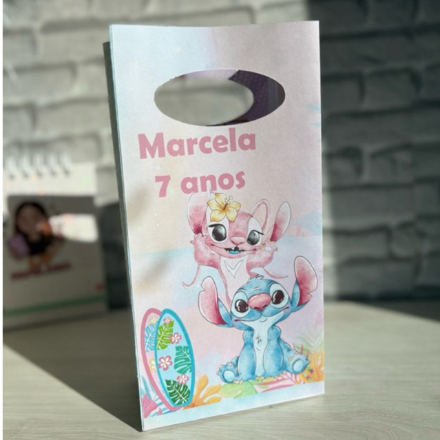 Sacolinha Pegue e Monte Stich e Angel - Sacola Personalizada Para Festas e Aniversário - Lembrancinha Sacolas de Papel