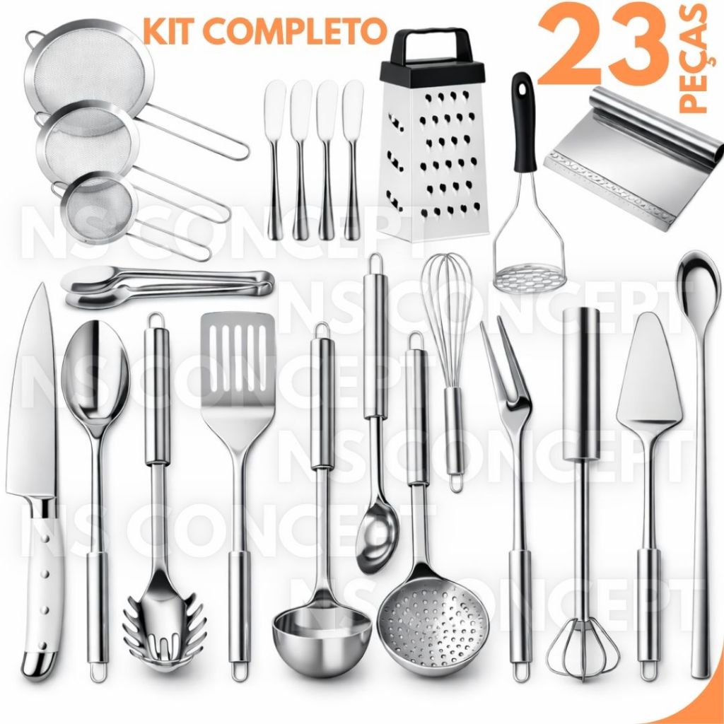 Kit 23 Utensílios De Cozinha Inox Premium Completo, Amassador, Espremedor Alho, Ralador, Concha, Escumadeira, Espátula
