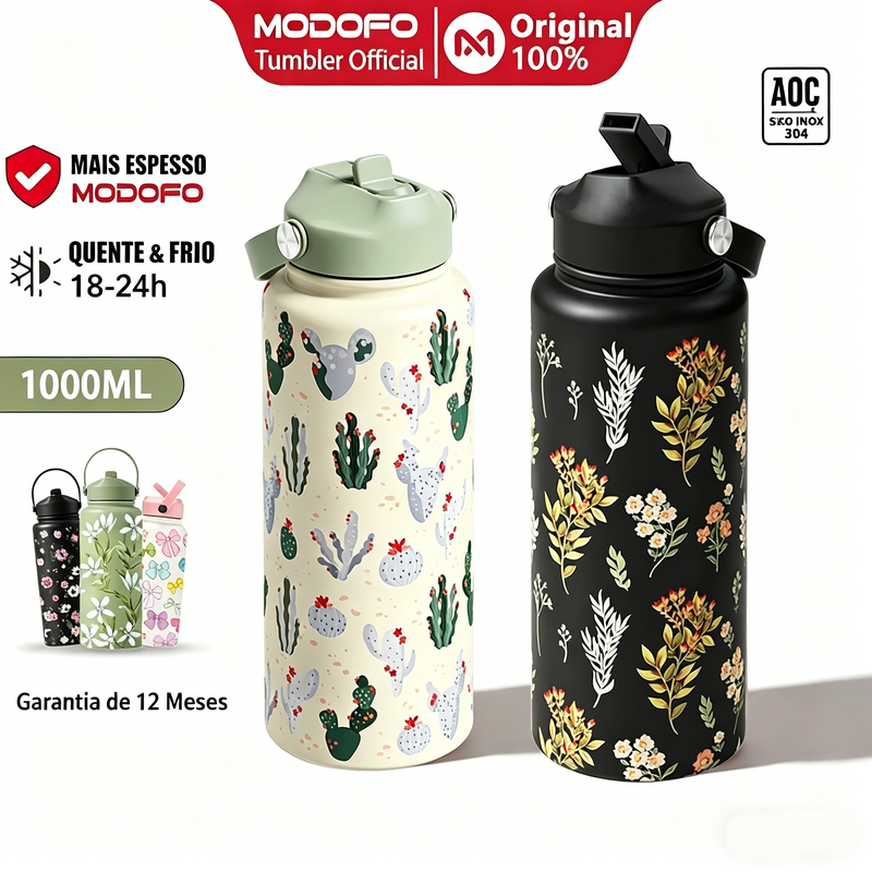 MODOFO Garrafa térmica de água 1litro/32OZ grande Copo Termico De Agua Com Canudo Tampa Alça Escova para canudos