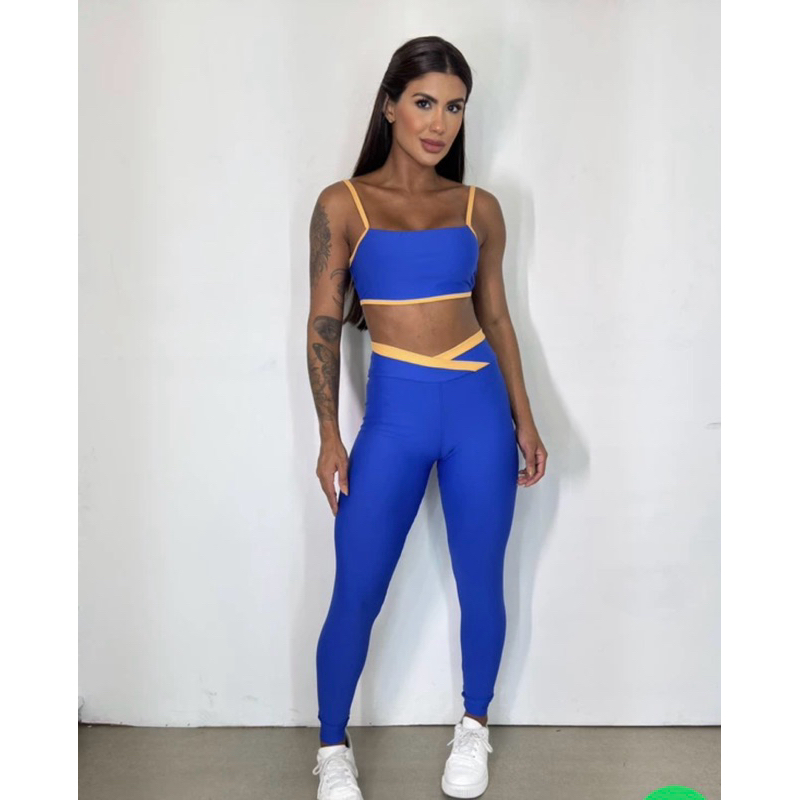 Conjunto Fitness Feminino Poliamida 240g Legging e Top Modelador Academia Azul Royal Não Transparente
