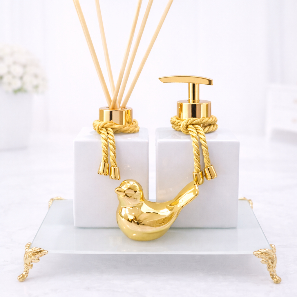Kit Lavabo Branco Leite Cubo 250ml Capacidade Dourado/Rose/Prata Bandeja Opcional Passarinho Porcelana Decoração Casa