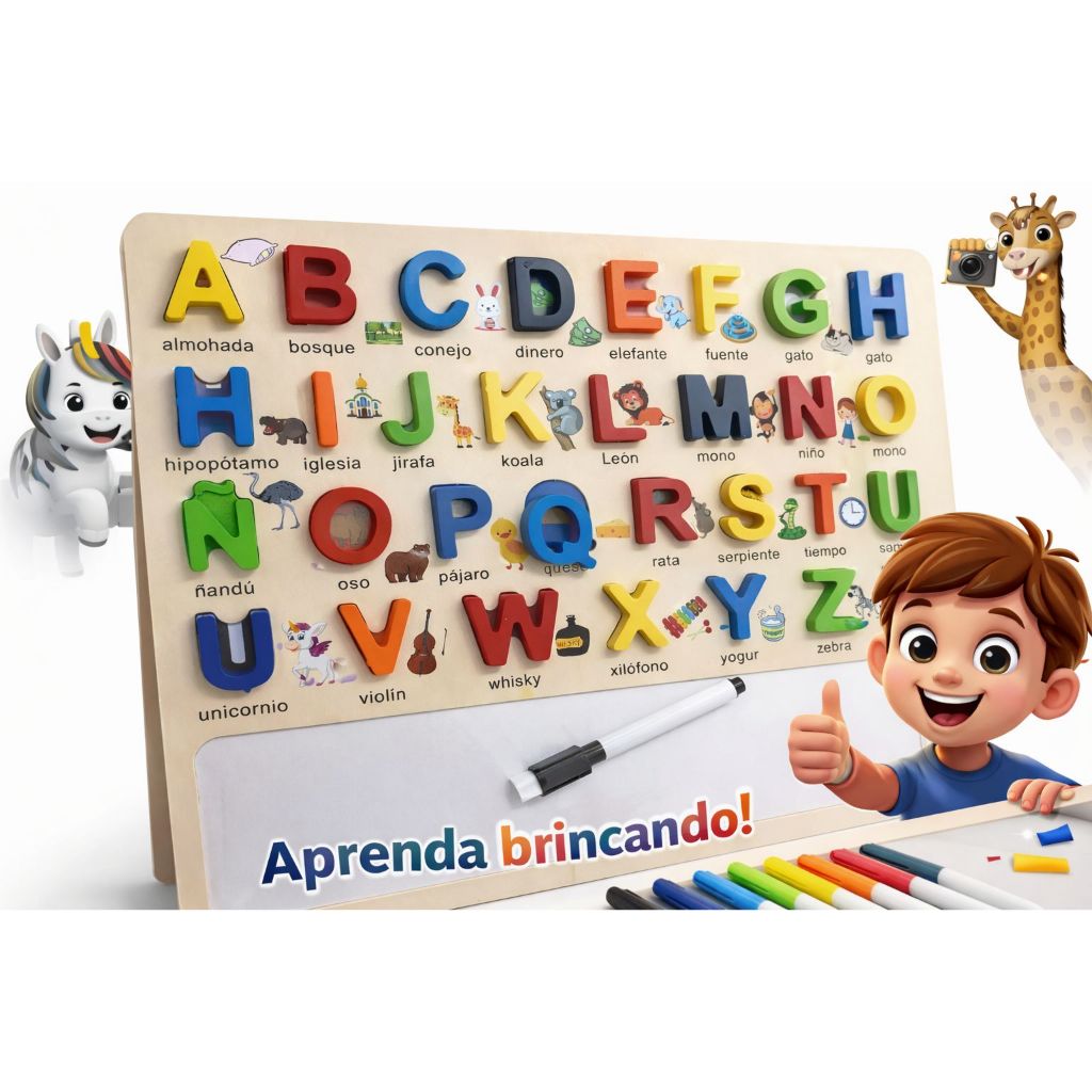 Brinquedo Alfabeto de Madeira A a Z Infantil Educativo Montessori Colorido