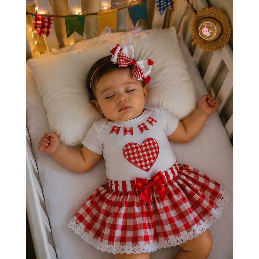 Body Bebê Festa Junina Menina Xadrez Saia Tutu Laço Temático Mesversário Roupa Caipira Arraiá Infantil