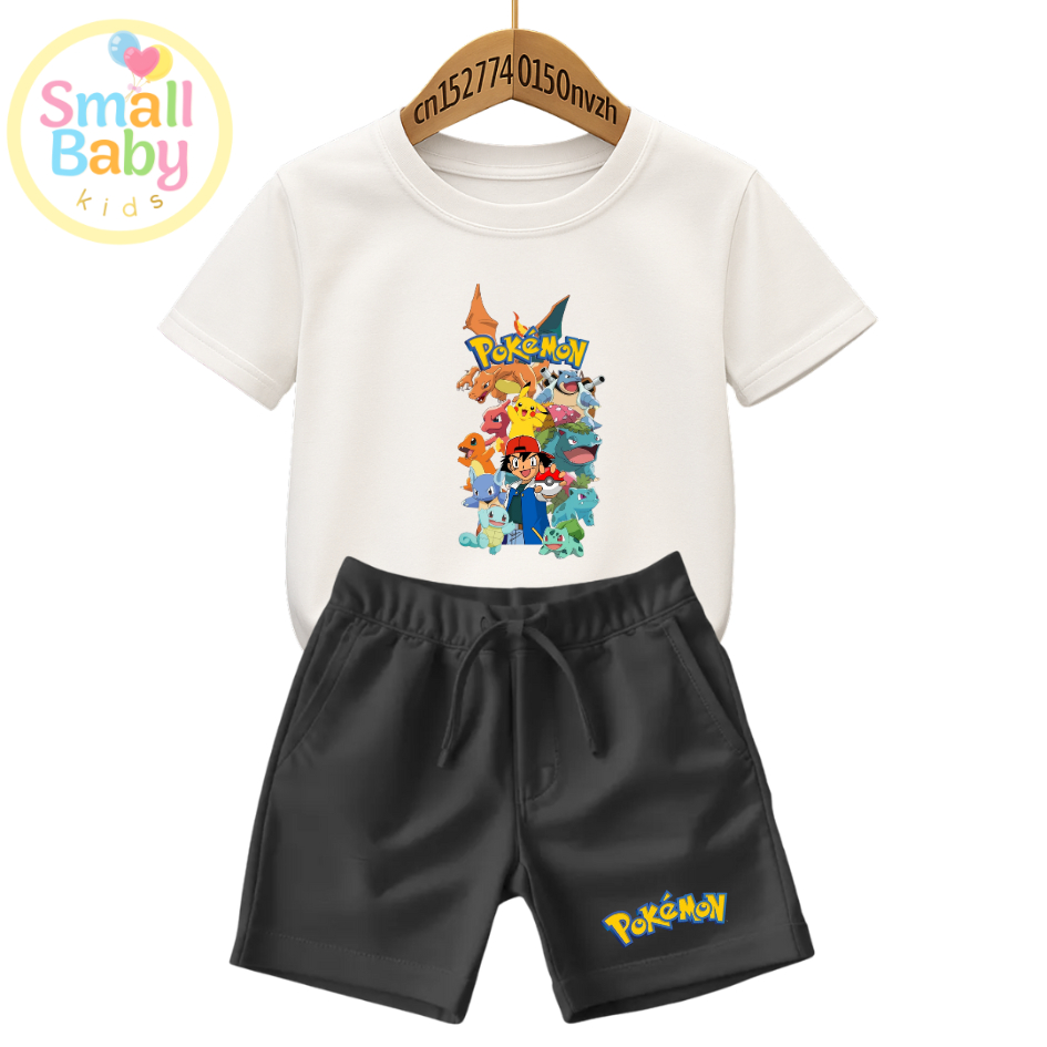 Conjunto Infantil Camiseta e Short Moletinho Pokemom Anime desesnho menino Festa Temática Estampado