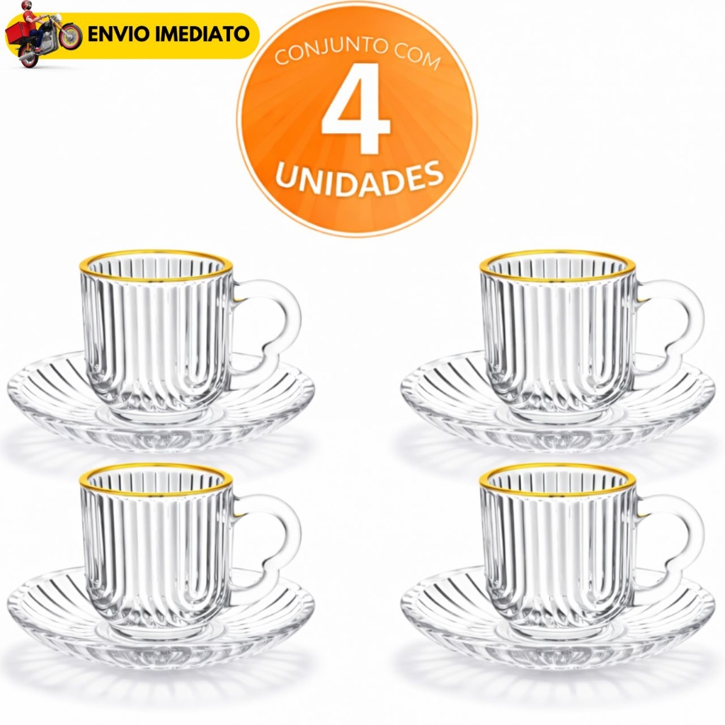 Xícara de Café de Vidro com Pires 2 ou 4 Unidades Fio Dourado 80ml Conjunto 2 Unidades Luxo Laure Filete Transparente