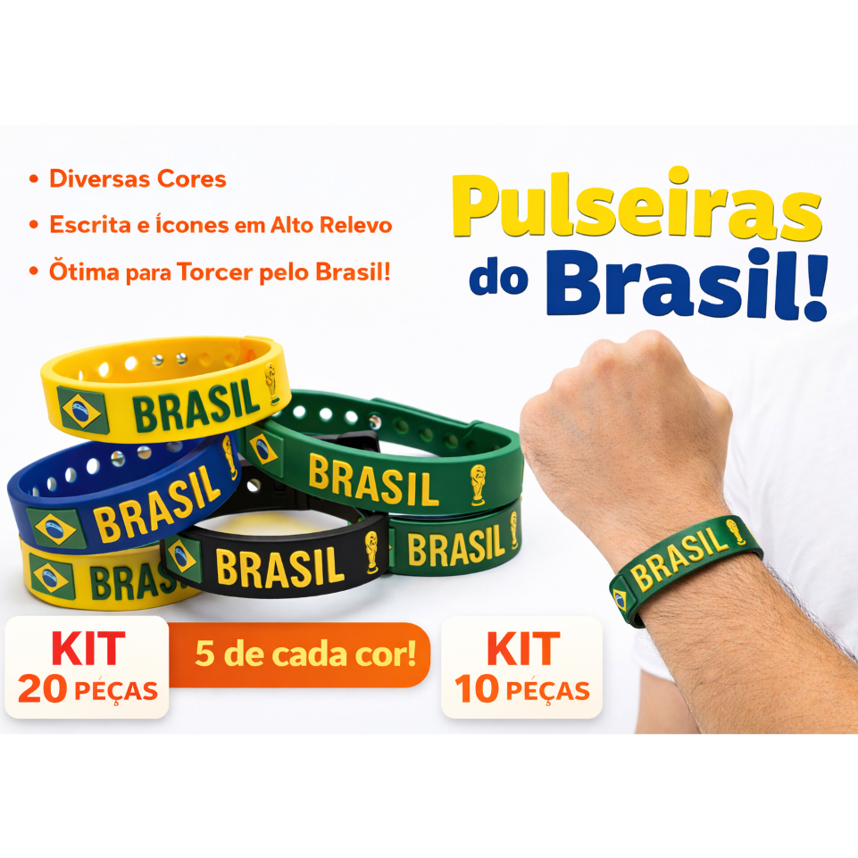 Kit 20 Pulseiras Silicone Brasil Copa do Mundo feminina e Masculino Ajustável ao Pulso Torcedor Eleição