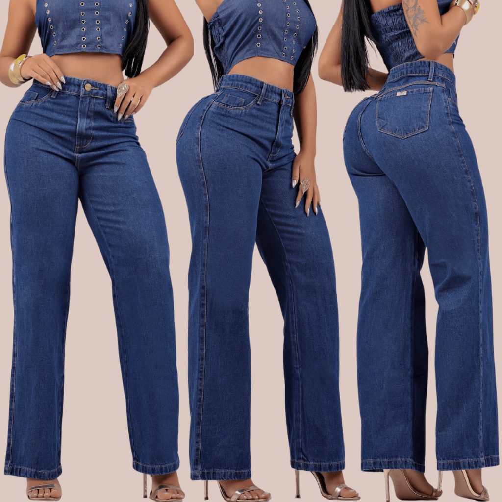 Calça Jeans Feminina Wide Leg Escura Pantalona Cintura Alta 100% Jeans Sem Elastano