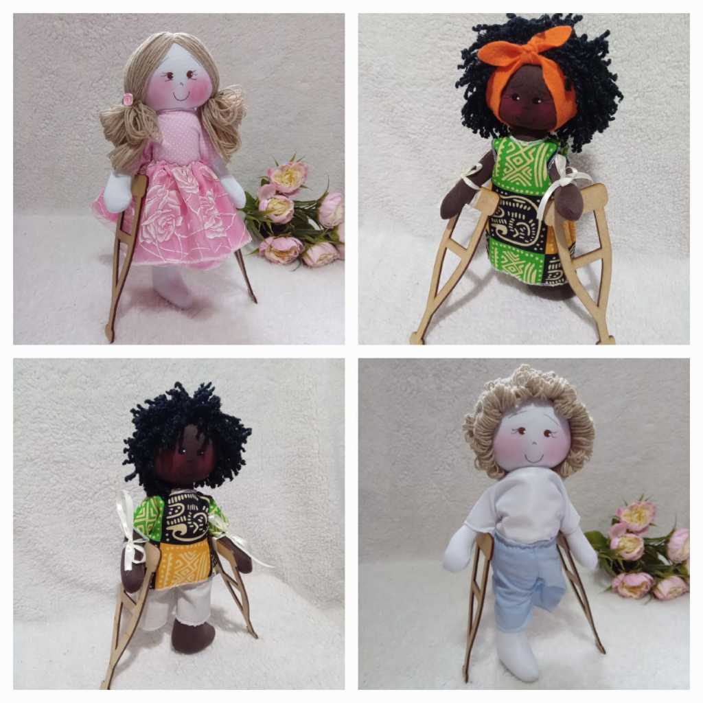 Boneca de pano com Deficiência física usando muletas/Boneca negra