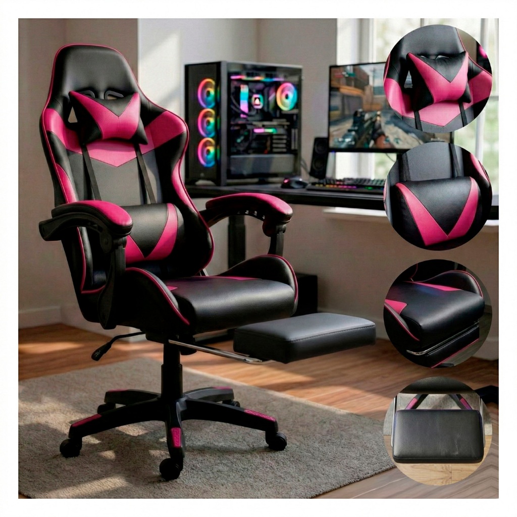 Imagem Cadeira Gamer Jogos e Escritório Reclinável Ergonômica Em Couro Pu Com Apoio Para Pés Confortável