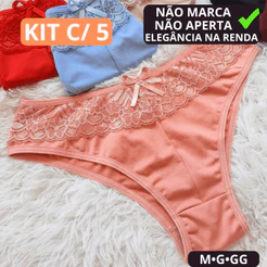 Kit 5 Calcinhas Renda Feminina Premium Elegante Confortável Não Marca Não Aperta Leve Macia M G GG