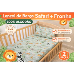 Lençol Berço Safari Algodão com Elástico + Fronha – Estampado, Macio e Confortável para Bebê