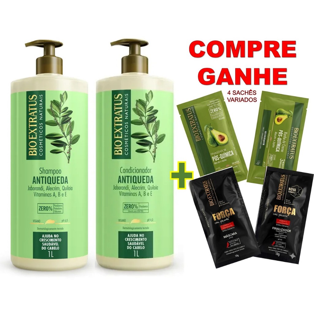 KIT JABORANDI ANTIQUEDA GRANDE BIO EXTRATUS:  SH 1L + COND 1L + 🎁BRINDE 4 SACHÊS VARIADOS🎁