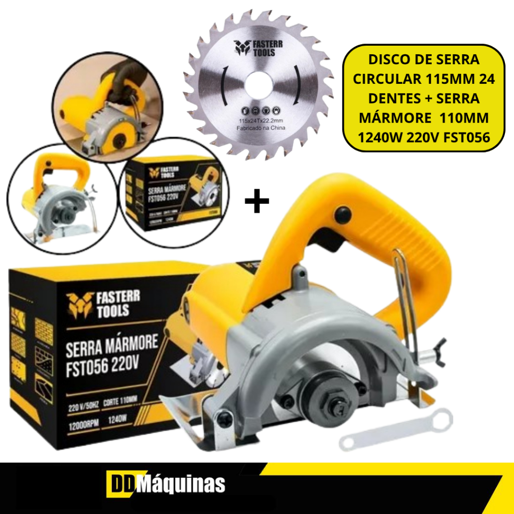 Kit Serra Mármore 4.3/8 110mm 1240W 220V + Disco de Serra Circular Madeira 115mm