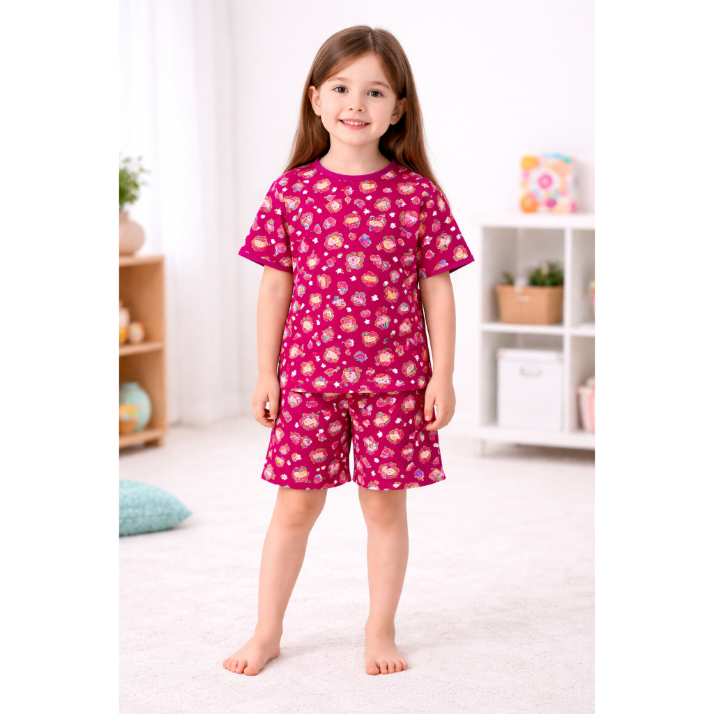 Conjunto Pijama Infantil Feminino Estampado Camisa Manga Curta e Short Leve Confortável para Menina