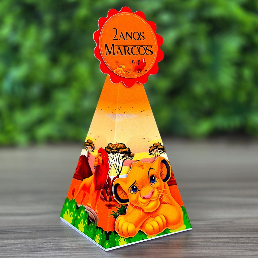 Lembrancinha Rei Leão: Caixa Pirâmide Cone Personalizada - Decoração Festa e Aniversário Infantil