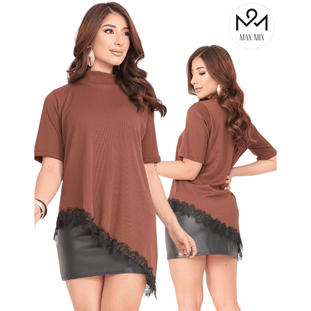 Blusa Feminina Assimétrica com Babados em Renda Gola Alta Elegante