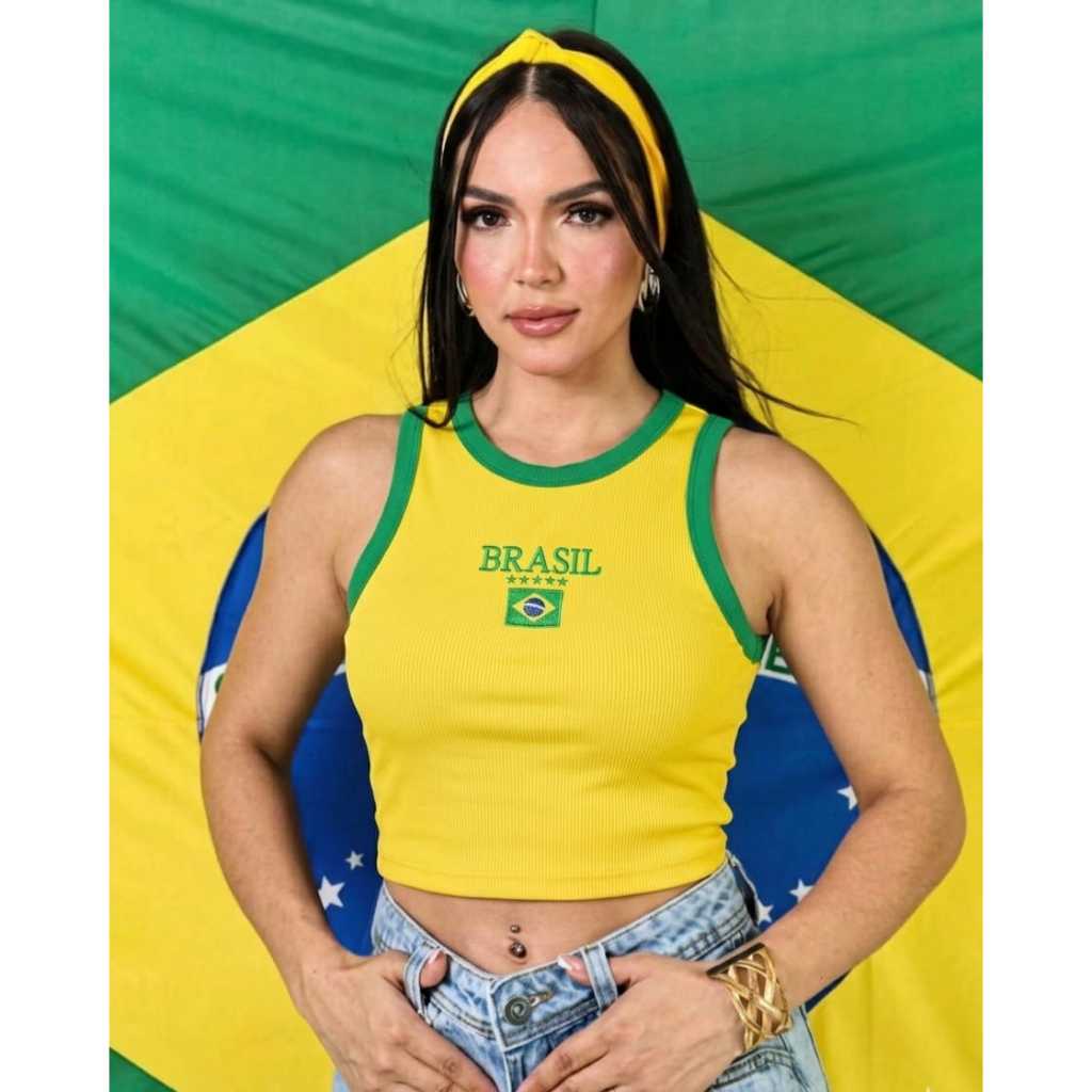 Cropped Regata Feminino Brasil Bordado – Ribaninha Canelada Premium | Estilo Seleção Brasileira