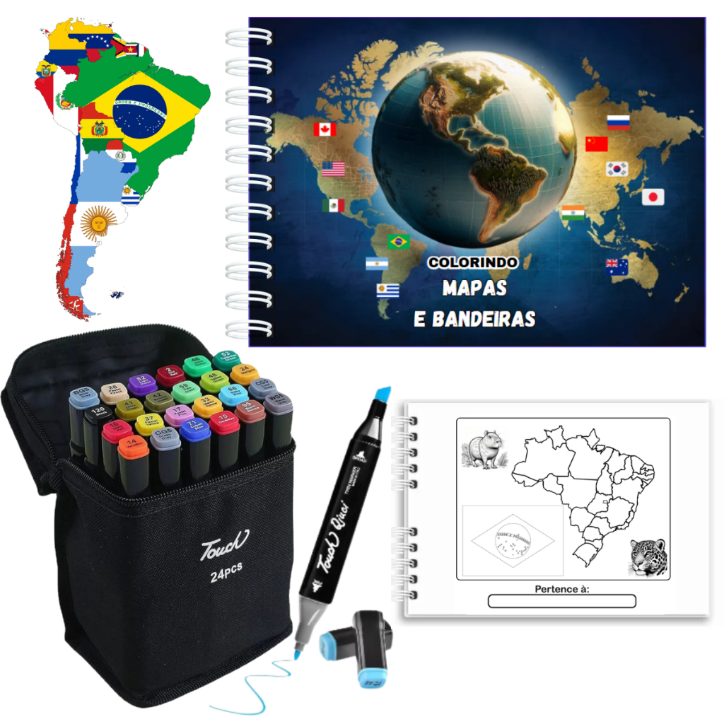 Kit Livro de Colorir Mapas e Bandeiras + Jogo de Canetinhas Ponta Duplas 24/36/48 Cores