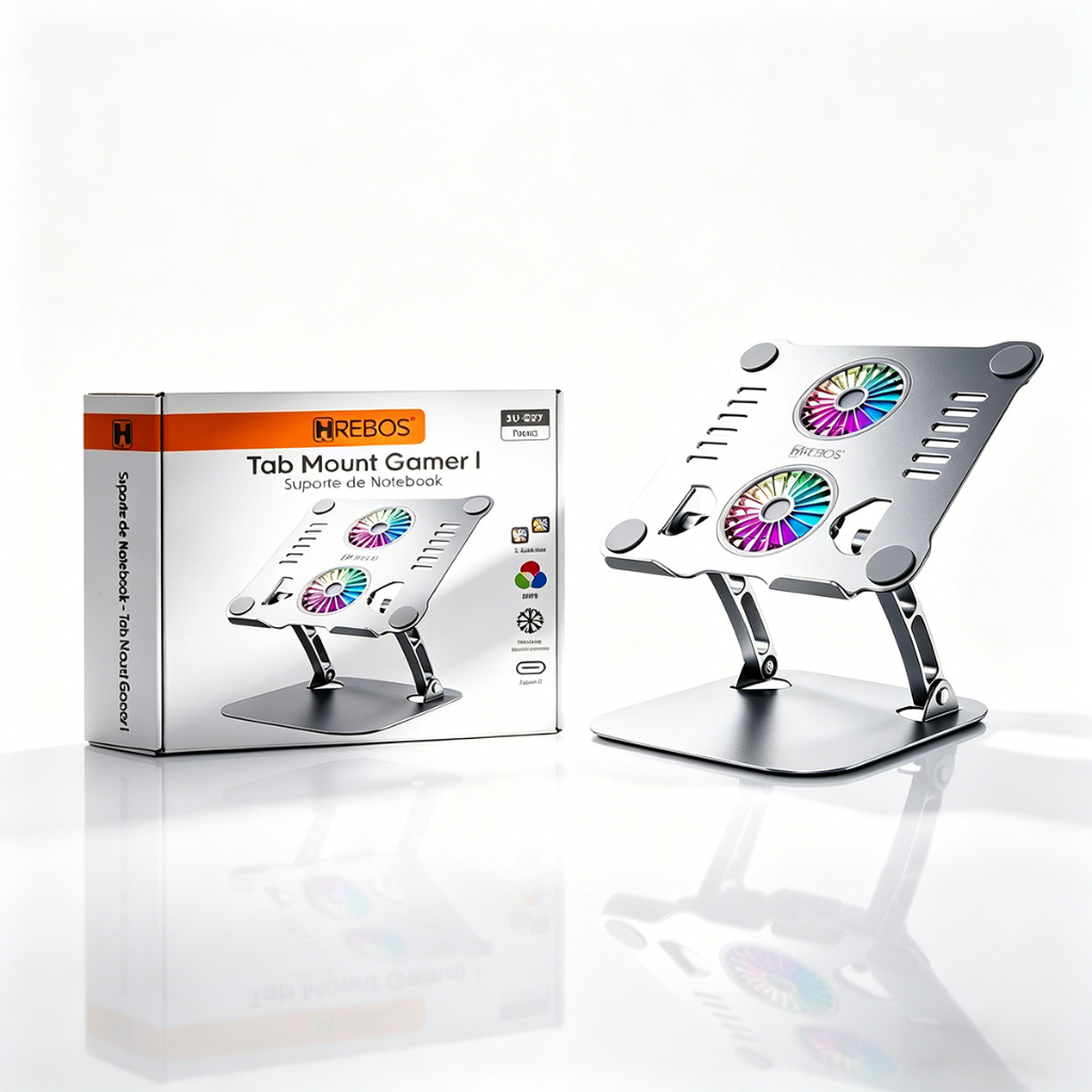 Suporte Notebook com Ventilador Duplo Resfriamento Elevável Ajustável Liga de Alumínio Antiderrapante Ergonômico Mesa