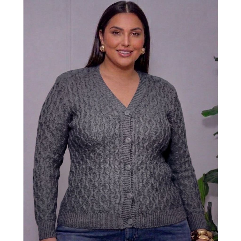Blusa De Frio Cardigan Casaco Lã Botão Feminino Trico Tricot G GG — imagem 2 de 2