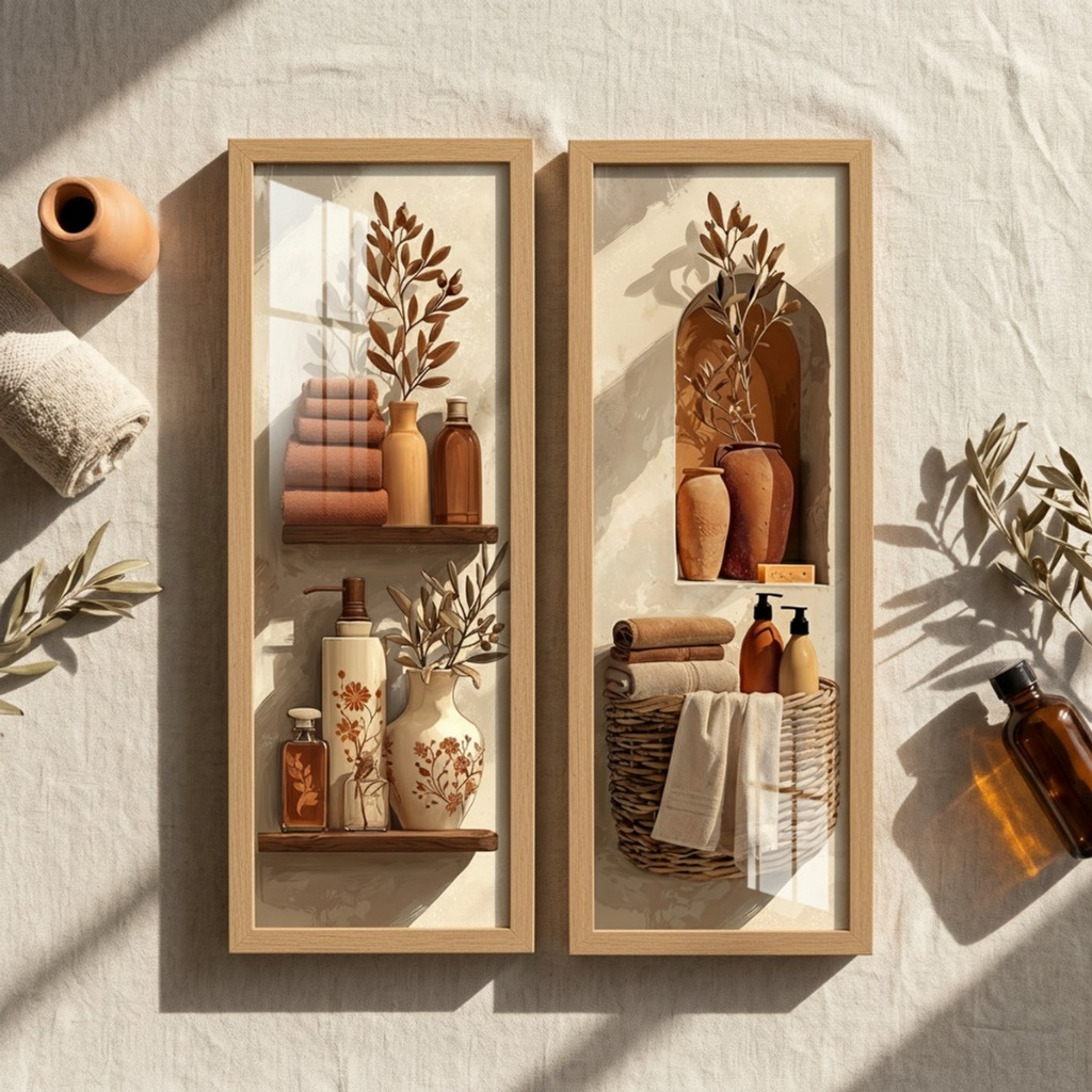 Kit 2 Quadros Decorativos Verticais 18x45 Banheiro Lavabo Boho Terracota Spa Moldura Vidro Presente em Oferta na Shopee