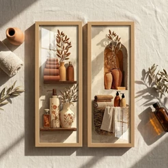 Kit 2 Quadros Decorativos Banheiro Lavabo Verticais 18x45 Boho Terracota Spa com Moldura e Vidro