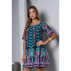 Vestido Feminino Curto Tropical Coqueiro Manga Curta Alta Qualidade Confortável Viscolycra