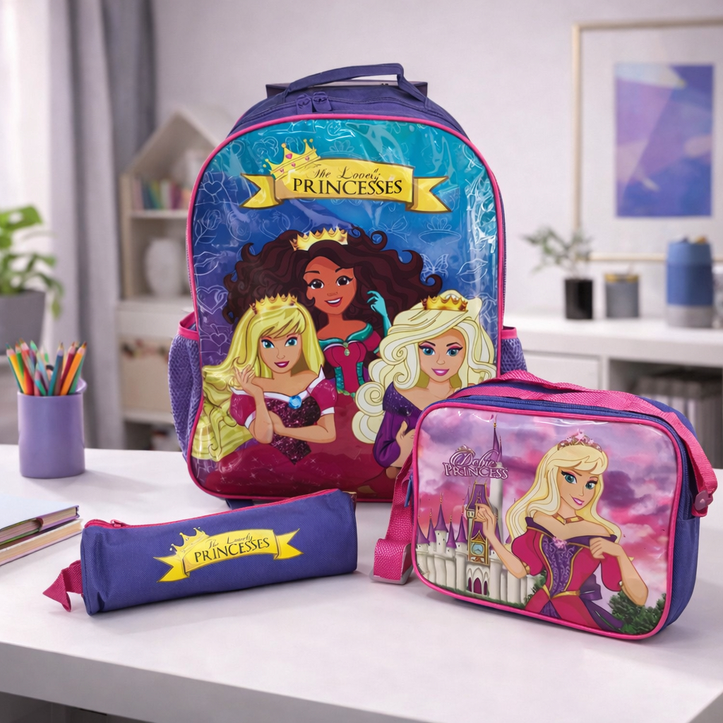 Kit Mochila Infantil Escolar com 3 peças Princesas Rosa/Roxo - Sortido: compartimentos espaçosos