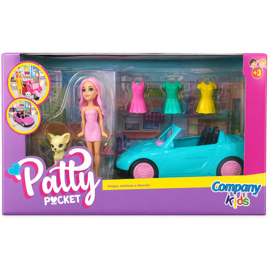 Brinquedo Linda Boneca Patty Pocket Divertida com Carro Mini Pet Fofinho e Acessórios