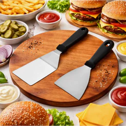 Kit Espátula Chapeiro Inox Hamburger Churrasco Reta + Curva
