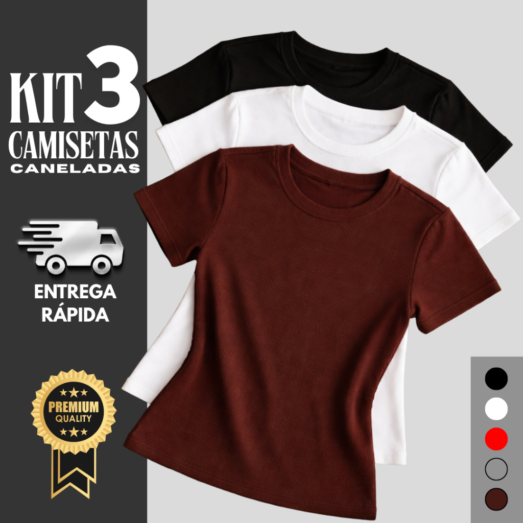 Kit 3 Blusas Feminina Ribana Canelado Básica Casual Estilosa Tendência Verão