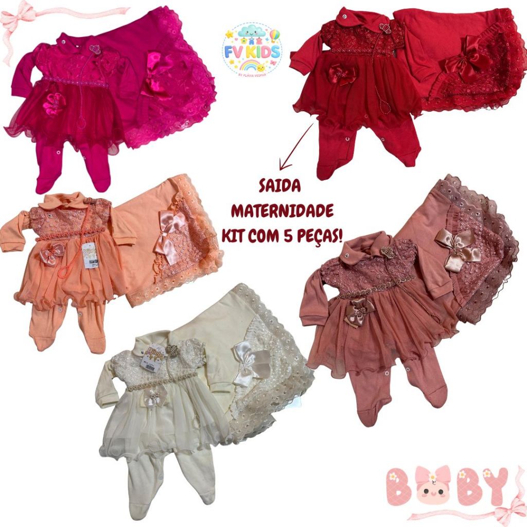 SAIDA MATERNIDADE LUXO COM VESTIDO SOBRE POSTO 100% ALGODÃO RECEM NASCIDO/ MATERNIDADE/MODA BEBE LUXO KIT COM 5 PEÇAS