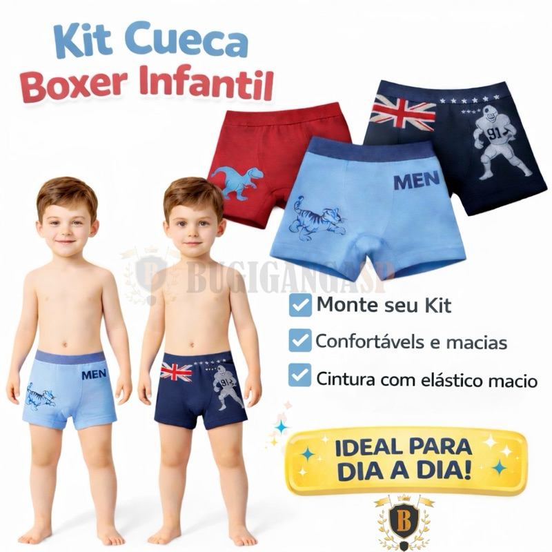 Kit até 10 Cueca Boxer Infantil Menino 2 a 10 Anos Conforto Premium